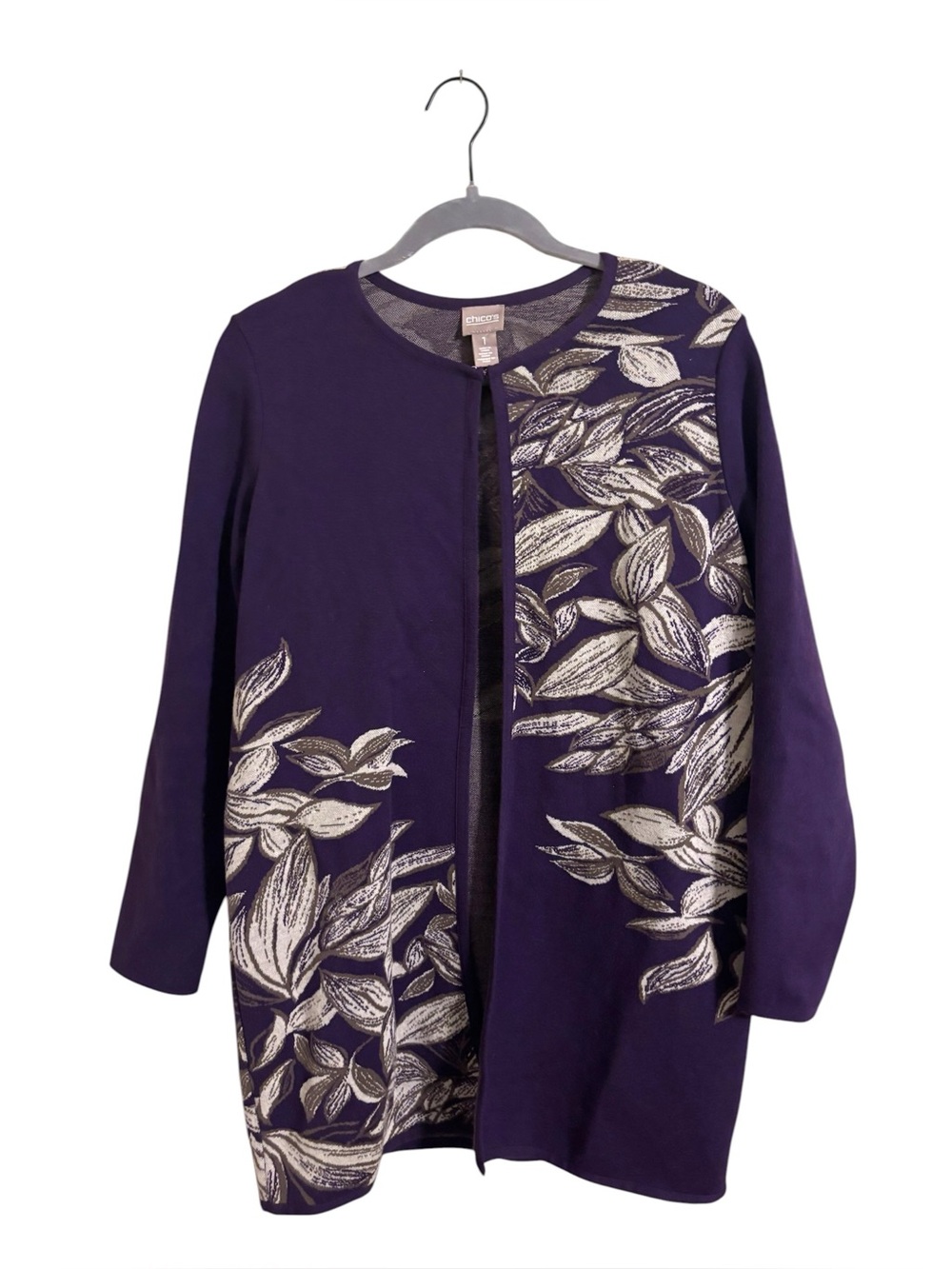 Chico’s Lovely Leaves Gilara Jacquard Purple Gray Cardigan Sweater Size 1